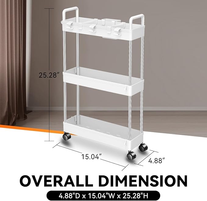 Auto Dynasty 3 Tier Slim Rolling Cart with Handle, Multifunction Utility Storage Rolling Cart, Movable Storage Organizer with Wheels for Office, Bathroom, Kitchen, Narrow Places (White)