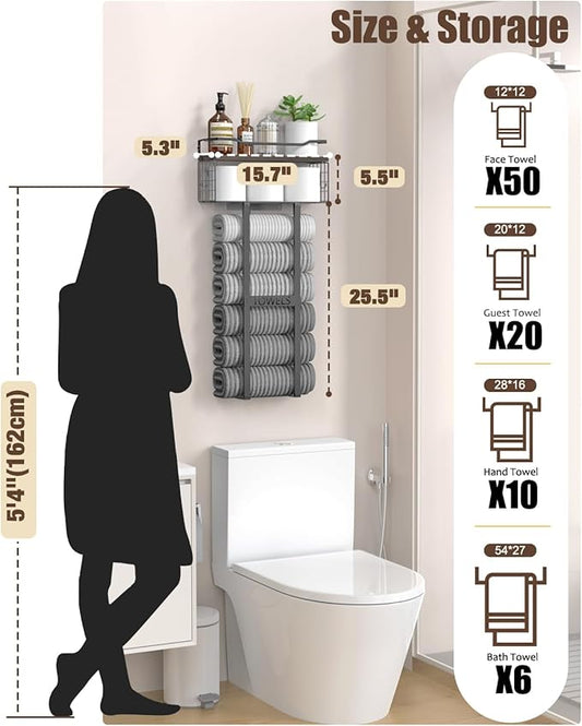 Large Towel Rack & Bathroom Towel Holder - Wall Mounted Metal Rack with Wooden Floating Shelf, Small Bathroom Towel Storage, Easy Holds 6 Large Rolled Towels, Black with Brown Plank