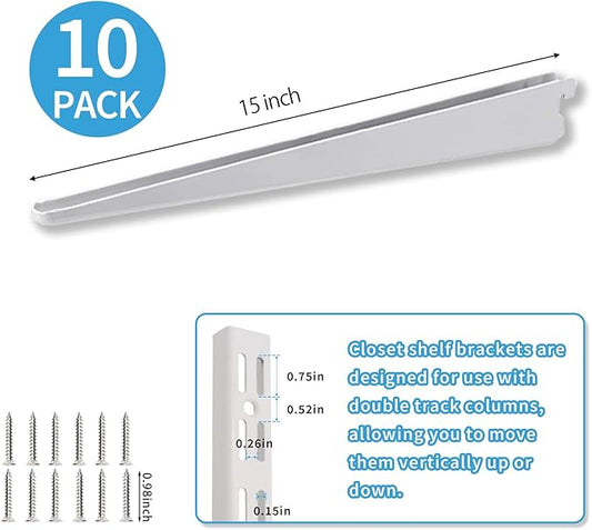 10 Pack 15‑Inch Adjustable Wire Shelf Brackets – Heavy‑Duty Double‑Track Closet & Wall Shelving System Supports(White)