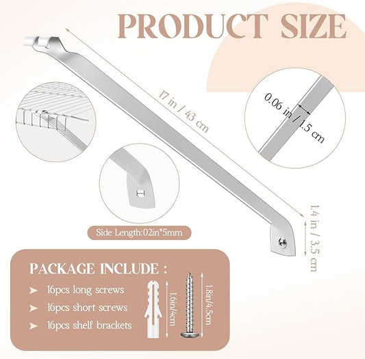 16 Pcs Support Brackets for 12in Wide Shelving Wire Wire Shelf Brackets Closet Rod Bracket Closet Support Bracket with Anchors and Pins for Installation Wires Shelving Supports Closets