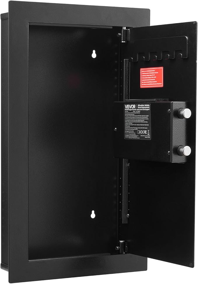 VEVOR 25.6" High Wall Safe, 3-Tier Hidden Wall Mounted Safe with Password & Key, Q235 Cold-Rolled Steel In-Wall Box with LED Lighting, 2 Adjustable Shelves & 5 Key Holders, Black