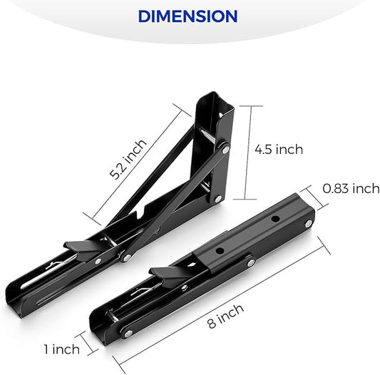 Ravinte 2 Pack 8 Inch Folding Shelf Brackets – Matte Black, Heavy Duty Collapsible Brackets for Tables and Benches – Space-Saving Design