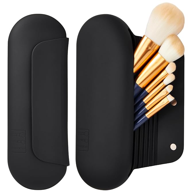 Silicone Makeup Brush Holder Travel Cosmetic Bag:Soft Portable Cosmetic Face Brushes Holder with Upgrade Anti-Fall Out Magnetic Closure, Large Travel Makeup Brush Case - Black