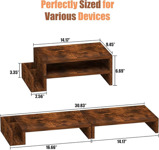Wood Dual Monitor Stand Riser for Desk, 30" Long Monitor Riser with Pen Holders, Desktop Storage Organizer for 2 Monitors, Computer, Laptop, PC, Printer, TV, Rustic Brown (Dual)
