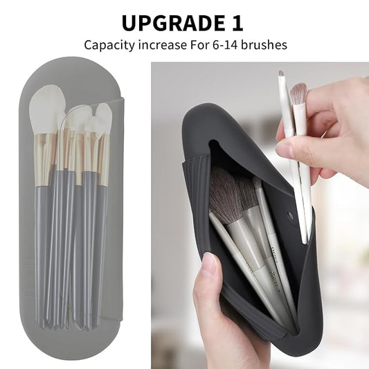 2 IN 1 Silicone Makeup Brush Holder with Beauty Make Up Sponge Holder Case:Soft Portable Cosmetic Face Brushes Holder with Upgrade Anti-Fall Out Magnetic Closure - Grey