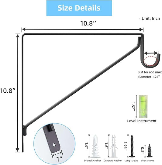 4-Pack Closet Rod Bracket, 10.8x10.8Inch Closet Shelf Brackets Heavy Duty Wall Mounted, Matte Black Steel Closet Rod Support Brackets Holder, 300 Lbs Load Capacity with Anchors Screws