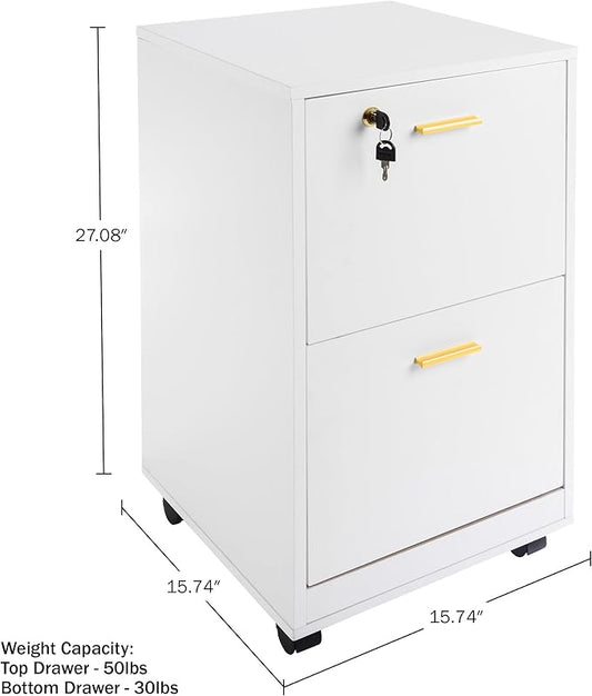 Lavish Home 2 Drawer File Cabinet - Filing Cabinet with Lock - Rolling File Cabinet for Under Desk Storage - Wood Filing Cabinet for Home or Office Organization (White)