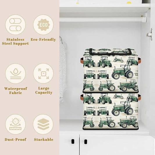 Tractor Truck Storage Bins with Zipper Lid, Collapsible Fabric Storage Basket with Leather Handles Closet Shelf Cloth Organizer Basket for Nursery Bedroom Clothes Toy