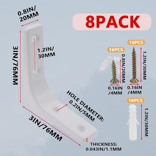 8pcs 3 Inch L Brackets, Heavy Duty Wall Mount White L Corner Brackets Braces for Wood, Shelves, Cabinets, 90 Degree Triangle Shelf Support with Screws, Small Right Angle Bracket