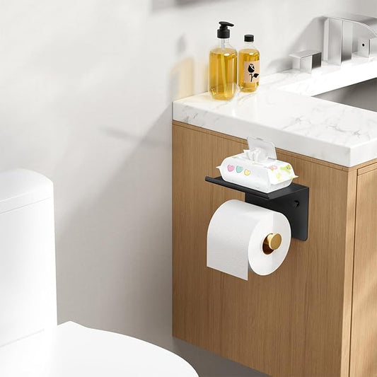 Toilet Paper Holder with Shelf, Adhesive or Screw Wall Mount Toilet Paper Roll Holder for Bathroom, Rustproof 304 Toilet Roll Tissue Holder Dispenser with Phone Shelf (1, Matte Black & Brushed Gold)
