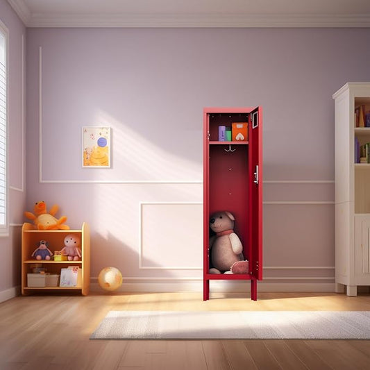 Metal Storage Locker with Lock & Card Slot Locker - Secure Lockable Door - Steel Locker for School, Office, Gym, Home - 54" H x 15" W x 15" D(1 Door, Red)