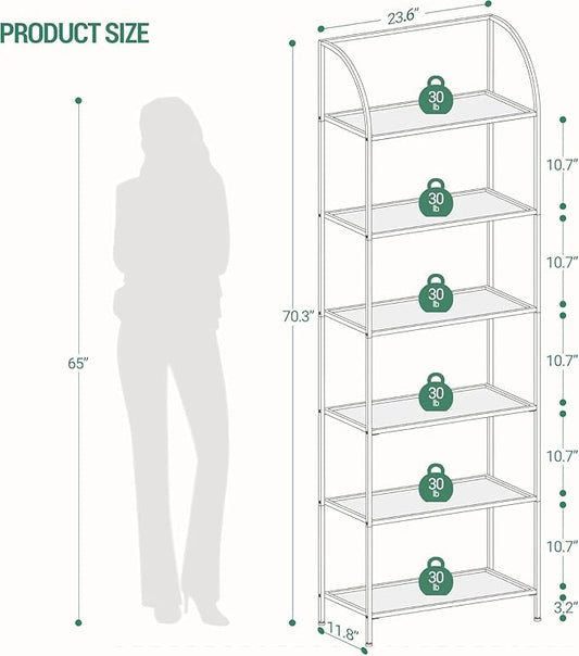 Bookcase Bookshelf, Tempered Glass Arched Bookshelf for More Storage, Slim Shelving Unit for Bedroom, Bathroom, Home Office, Steel Frame, Wide 6 Tier Gold BC22699G