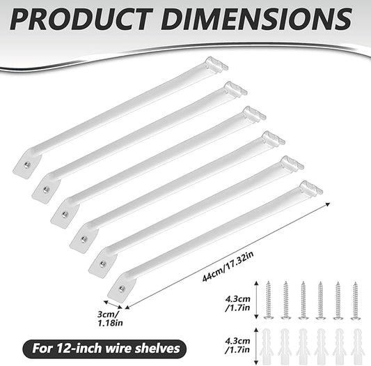 6 PCS Wire Shelf Brackets 17in White Shelf Support Bracket for Wire Shelving Metal Closet Support Bracket with Anchors, Screws Closet Wires Shelving Accessories for Supporting Shelves Racks