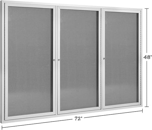 INNOVART Enclosed Bulletin Board 72” x 48”, Lockable Fabric Noticeboard with Aluminum Frame, Wall Display Case with 3 Swing-Open Doors Grey Felt, Information Cabinet for School, Office, Commercial