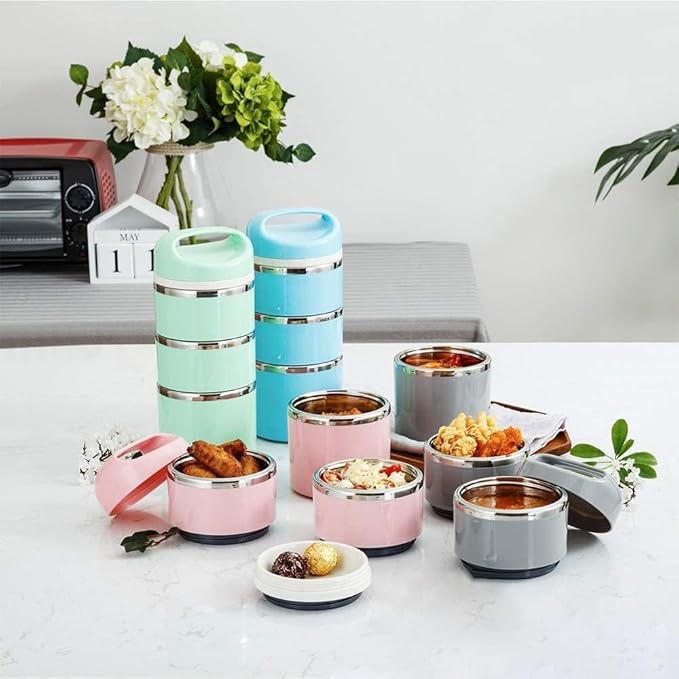 Lille Home Stackable Stainless Steel Thermal Compartment Lunch/Snack Box, 3-Tier Insulated Bento/Food Container with Lunch Bag, Utensils Set and Three Extra Seals, 43OZ