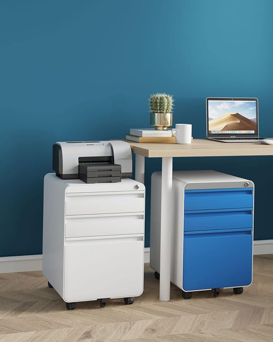 Dripex 3 Drawer File Cabinet, Metal Filing Cabinets with Lock Wheels & Hanging Rail for A4/Legal/Letter File, Anti-tilt Under Desk Design, Lockable Rolling Mobile File Cabinet for Home Office (Blue)