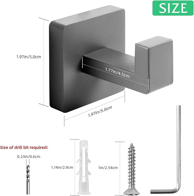 Heavy Duty Stainless Steel Towel Hooks, Wall Mounted Square Robe Hooks for Bathroom, Kitchen, Bedroom, Hotel 2 Pack Grey