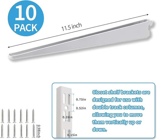 10 Pack 11.5‑Inch Adjustable Wire Shelf Brackets – Heavy‑Duty Double‑Track Closet & Wall Shelving System Supports(White)