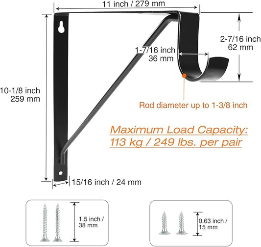 8 Pack Heavy Duty Closet Shelf & Rod Brackets, Wall Mounted Closet Shelf Brackets, 11 x 10.2 Inch Closet Shelf Brackets with Rod Support, Black
