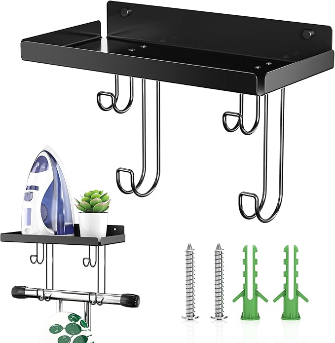 Ironing Board Hanger Wall Mount, Ironing Board Holder with Cord Storage Hooks, Iron Hanger for Wall, Irons Holder for T&V Shaped Iron Board Wall Mount, Irons Storage for Laundry Room