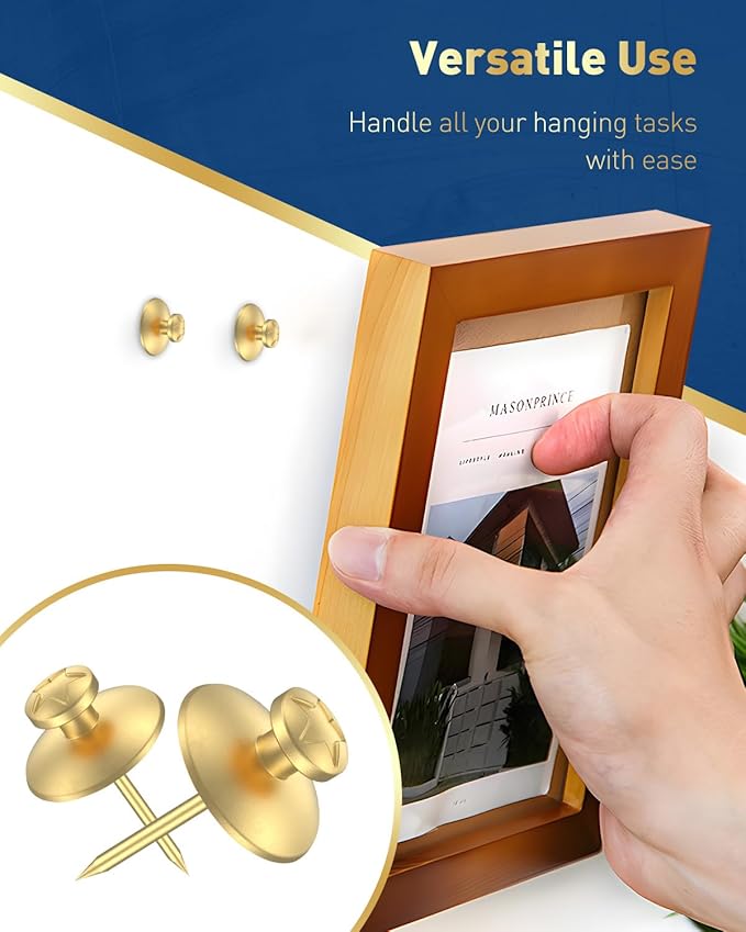Uniclife 60 Pcs Double Headed Picture Hanging Nails, Picture Hangers, Push Pins for Wall, Double Headed Thumb Tacks, Metal Thumbtacks, Wall Hooks for Art, Photo Frame, Tapestry & Decor, Gold