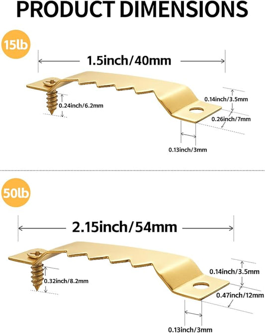 60 Pack Sawtooth Picture Hangers – Small & Heavy-Duty Wall Hanging Kit, 2 Sizes for Photo Frames, Art, Paintings, Canvas Hooks, and Picture Hanging Hardware Gold