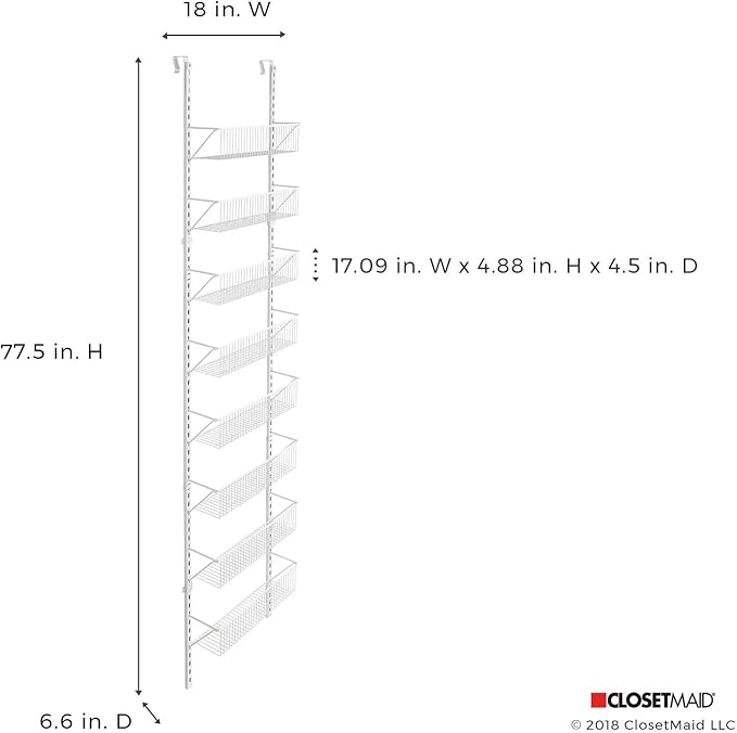 ClosetMaid 97535 Wall or Door Adjustable (8) Basket Organizer, 6.614-Inch D x 77.165-Inch H x 17.992-Inch W, White