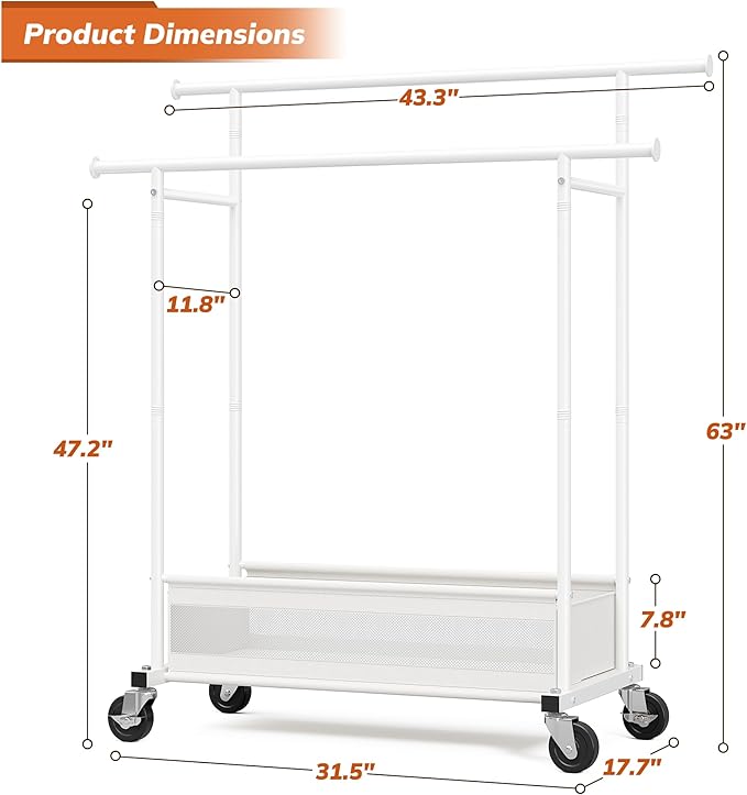 Clothes Rack, Double rods clothing rack, Clothing Racks for hanging clothes, Rolling clothes rack with Storage Basket & Heavy Duty Wheels, garment rack for Bedroom, Laundry Room, White