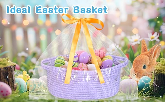 ABenkle Small Basket with Gift Bags and Ribbons, Empty Gift Baskets for Mother's Day, Decorative Boho Rope Woven Nursery Storage Organizer Toy Baskets with Handle for Baby Showers, 12"X 8" X 5"
