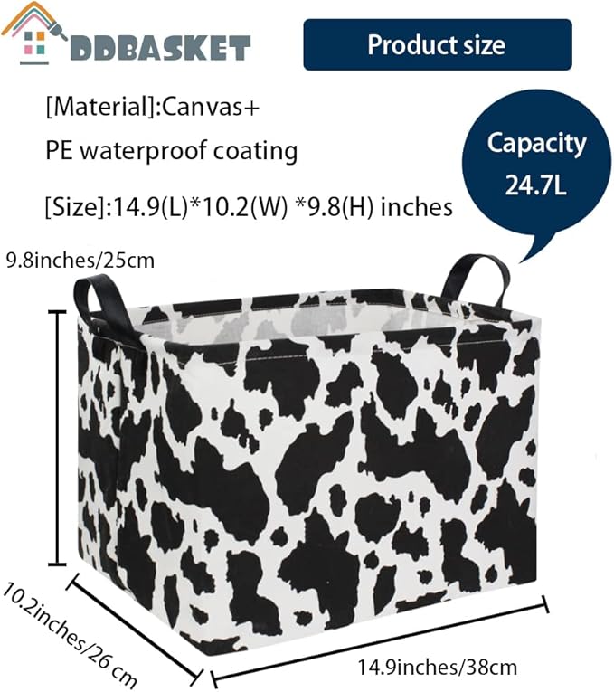 Rectangle Cow Basket Cow Print Storage Bins Cute Canvas Organizer Bin for Bedroom Decor Kids Toys Books, Clothes Shelves Gift Basket(Cow print)