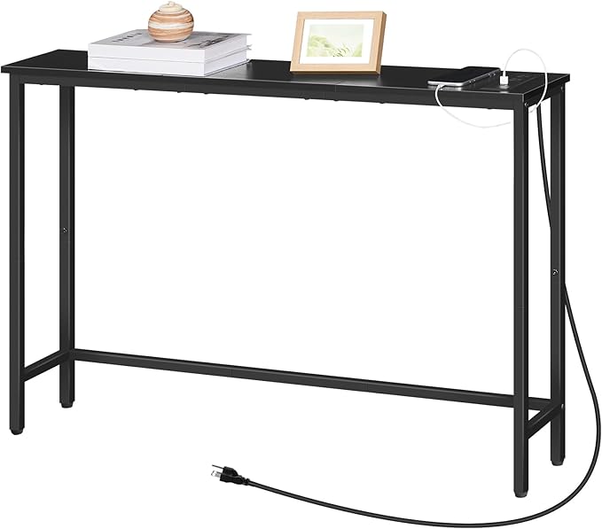HOOBRO Narrow Console Table with Power Outlets, 44.9 Inches Sofa Table, Slim Behind Couch Table, Entryway Table with Display Shelf, for Living Room, Foyer, Hallway, Black BB114UXG01