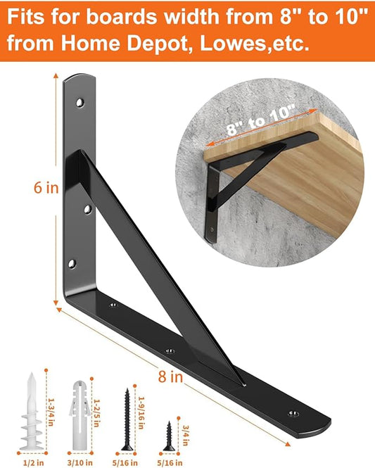 LuckIn 12-Pack Heavy Duty Shelf Bracket 8 Inch, Wall Fit for 8 10 Inch Floating Shelves, L Brackets with 90 Degree Triangle, 250 LBS Max Load, Mounting Hardware Included, Black