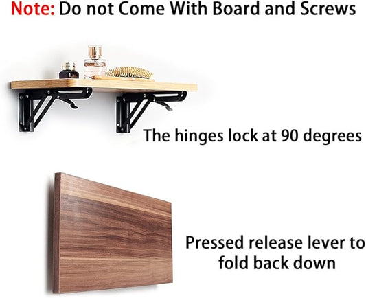 Sumnacon Sturdy Folding Shelf Brackets - Heavy Duty Black Metal Triangle Table Bench Folding Shelf Bracket 8 Inch, 2 Pcs Folding Shelf Hinge Wall Mounted, Max Load 99lb