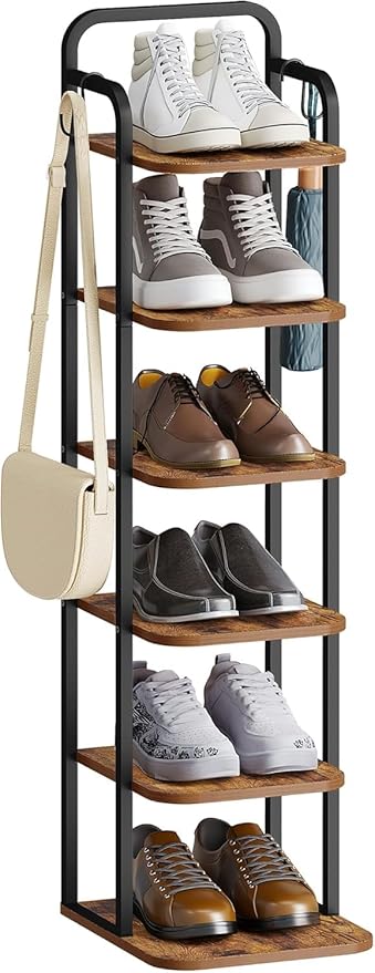 6 Tiers Vertical Shoe Rack, Narrow Shoe Tower, Tall Shoes Shelf with 2 Hooks, Adjustable Shelves, Corner Shoes Shelves for Small Spaces, Entryway, Living Room, Rustic Brown SR04201B