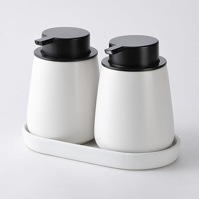2 Pack White Round Soap Dispenser Tray - 8'' Ceramic Vanity Tray & Organizer Plate Set, Bathroom & Kitchen Countertop Decor for Soap Dispenser, Jewelry, Cosmetics, Sink