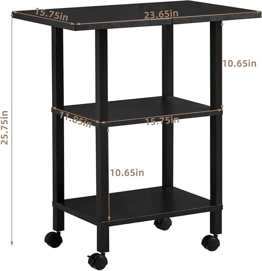 Lerliuo 3 Tier Printer Stand with Storage, Printer Table for Home Office, Wooden Rolling Printer Cart Shelf with Lockable Wheels fit Fax Machine, Scanner(Black)