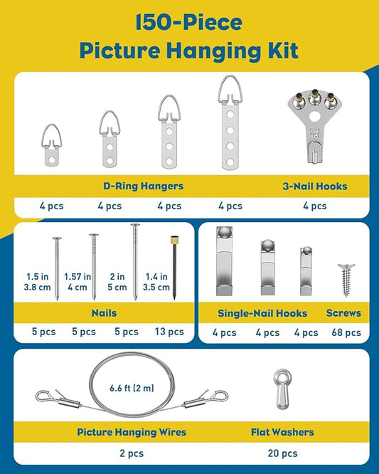 Uniclife 150 Pcs Picture Hanging Kit, 6.6 ft x 1/16" Picture Hanging Wire, Picture Wire Hanging Kit with D Rings, Hooks, Nails & Screws, Picture Hangers for Photo Frame, Mirror, Curtain & Art