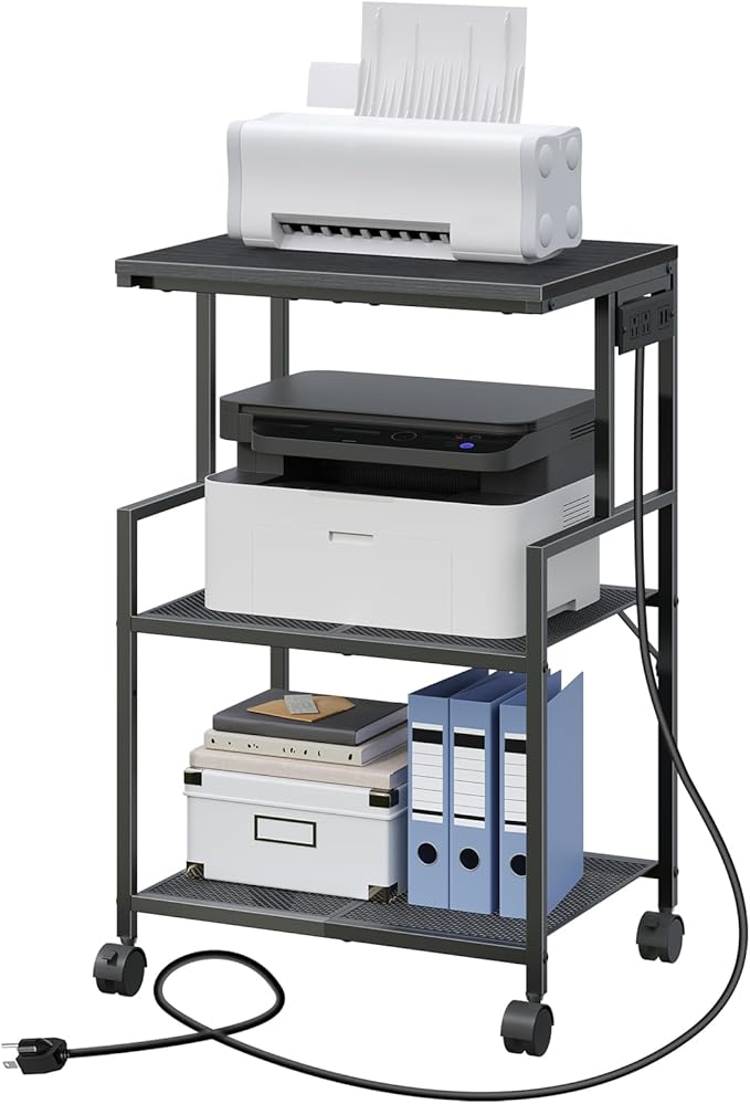 Mobile Printer Stand, 3-Tier Industrial Printer Cart with Power Outlets and 2 USB Ports, Rolling Printer Table on Wheels for Home Offices Kitchen Organization Rack, Black PTHB78E01