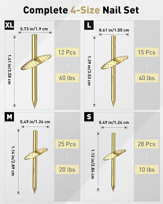 Uniclife 80 Pcs Picture Hangers, Picture Hanging Kit, 4 Size Picture Hanging Hooks, Picture Hanging Nails, Long Picture Hooks for Photo Frame Art Mirror and Décor, Gold