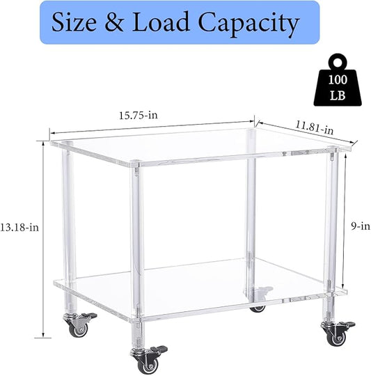 HMYHUM Acrylic Printer Stand - 2-Tier Under Desk Printer Table with Wheels - Multifunctional Rolling Cart for Office & Home, Clear