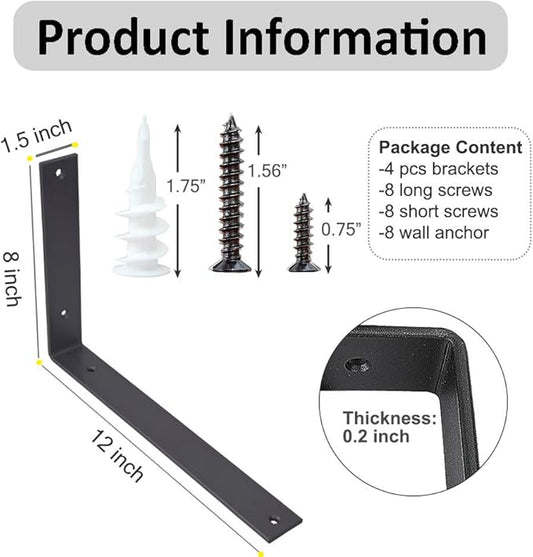 Shelf Brackets 12 Inch Wall L Brackets 4PCS Heavy Duty for Shelves Metal Black Rustic Industrial Brackets for DIY Opening Shelves Project Hardware Included