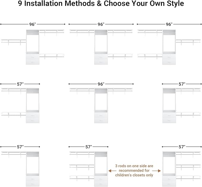 Cyclysio 8 FT Hanging Closet Organizer System, 96 Inch Closet System with Drawers, Walk in Closet System with 4 Adjustable Rods and 3 Shelving Towers for 4-8FT Spaces(Cut-to-Fit), White