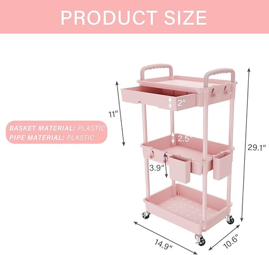 REBECAT 3 Tier Rolling Utility Cart with Drawer,Storage Cart,Rolling Cart for Kitchen,Bathroom,Living Room,Storage Organizer with Iron Wheels(Pink