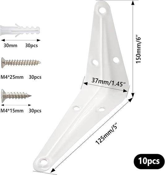 Lilaly 10 Pack Shelf Brackets 6 Inch Shelf Bracket, Heavy Duty L Brackets for Shelves for Hanging Floating Shelves Brack with Screws and Wall Anchors(5"x6",White)