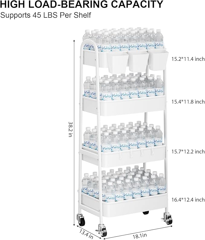 White 4 Tier Rolling Cart Metal with Wheels, Heavy Duty Utility Storage Organizer Carts on Wheels, Four Tiered Roller Cart for Kitchen, Book, Snack, Craft, Art, Dorm, Large Capacity Basket, 38in Tall