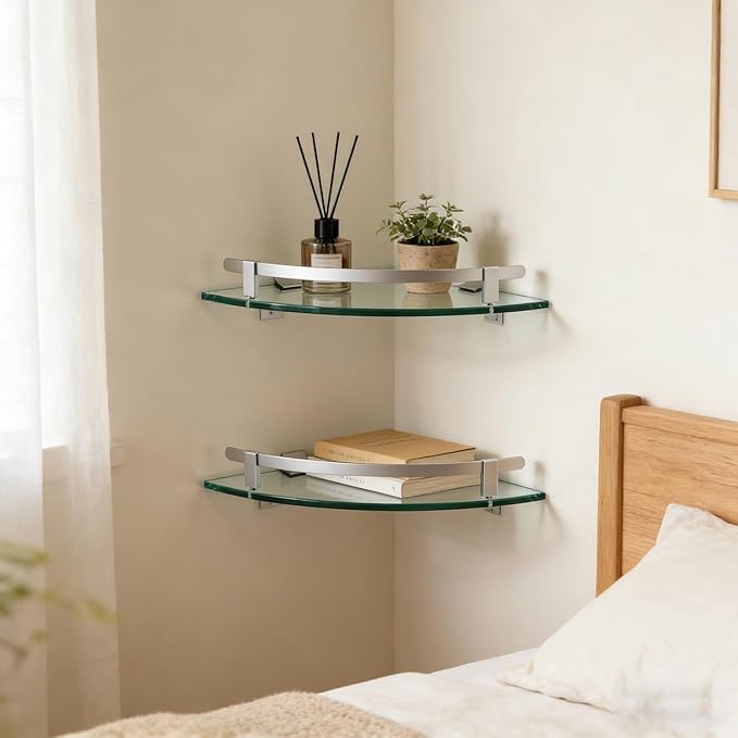 Bathroom Shelves, Glass Shelf Wall Mounted Glass Corner Shower Shelf with Aluminum Rail for Bathroom (2 Packs)