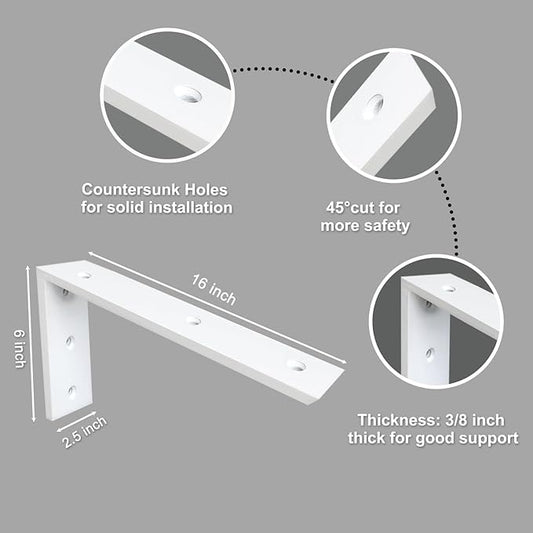 Countertop Support Bracket 2 Pack 16 Inch Heavy Duty 3/8" Thick White Granite Bracket 16"x6"x2.5" Shelf L Mantel Corbels for Quartz/Wood/Concrete/Laminate