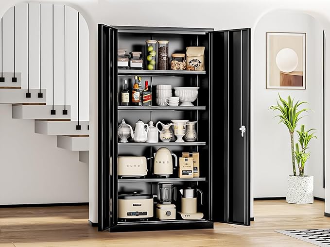Bonusall Metal Cabinet,Garage Storage Cabinets with Door and Shelves, 72" H Tool Cabinet with 2 Lockable Doors, Locking Locker Cabinet for Home Office,Warehouse,School(Black)