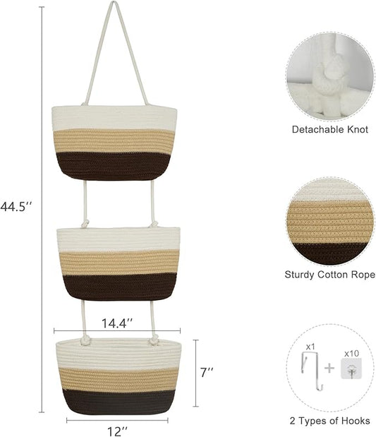 TeoKJ Over the Door Hanging Baskets, 3-Tier Woven Cotton Storage Organizer Bag Decorative Nursery Kitchen Baskets,Gradient Brown