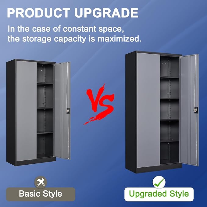 Metal Storage Cabinet with 2 Doors and 4 Adjustable Shelves, 71" Steel Garage Storage Cabinet, Locking Tool Cabinets for Office, Home,School,Kitchen,Garage Tool Utility Cabinet Black Grey